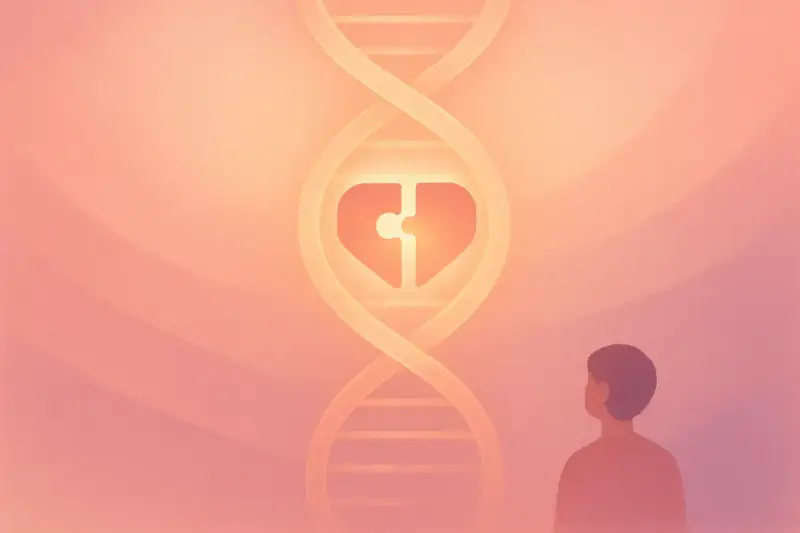 A luminous DNA helix with two puzzle halves clicking into a perfect fit, suggesting the science of matching