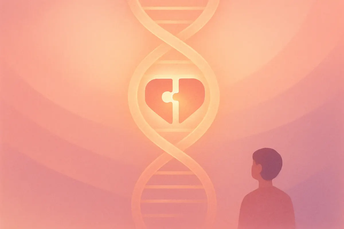 Illustration of a DNA double helix with two puzzle halves forming a heart at its center, representing HLA matching
