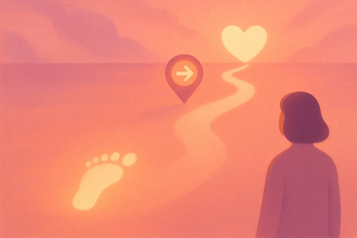Illustration of a glowing first step onto a lit path toward a heart, representing the simple first step of joining the bone marrow registry