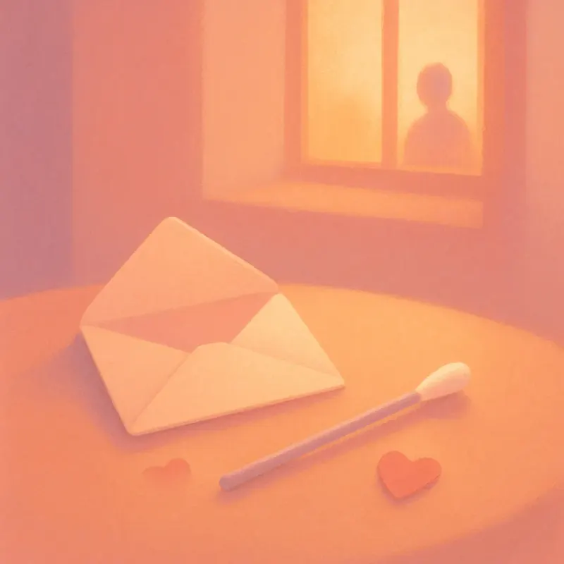 Illustration of an at-home cheek-swab kit and envelope, representing the free five-minute registry signup