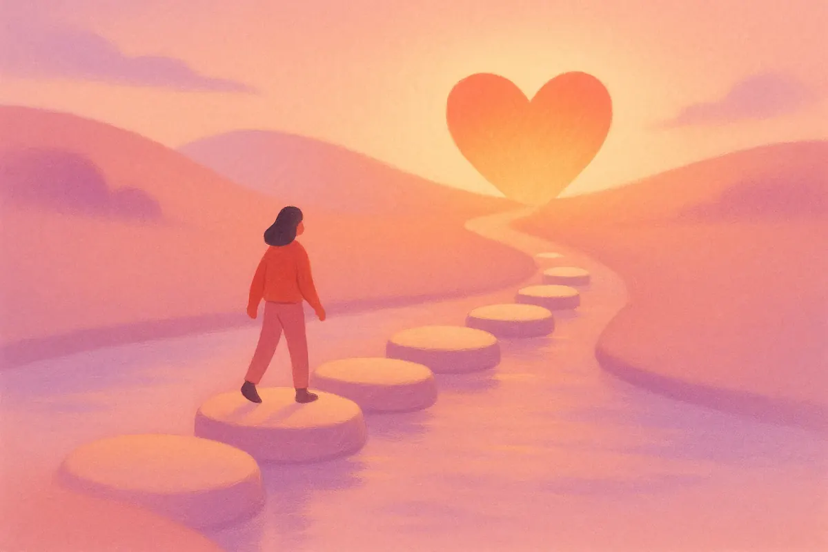 Illustration of glowing stepping stones across a stream to a heart, representing the simple step-by-step bone marrow donation process
