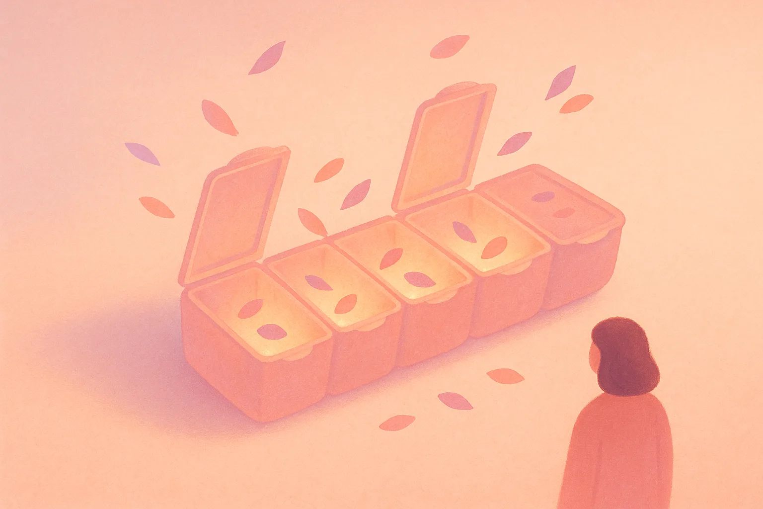 A soft open daily pill organizer whose empty compartments glow gently with warm light and small petals, suggesting everyday medication rarely rules out bone marrow donation