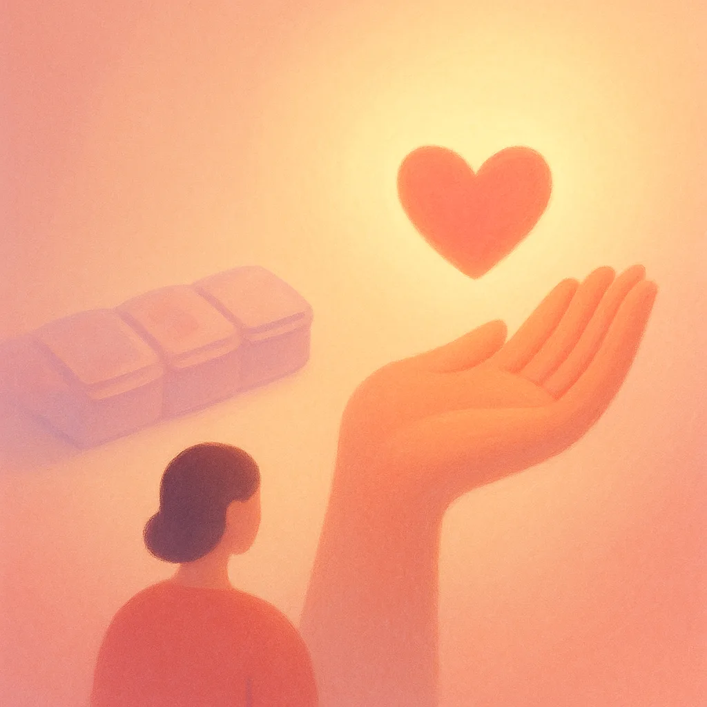 A soft open daily pill organizer whose empty compartments glow gently with warm light and small petals, suggesting everyday medication rarely rules out bone marrow donation