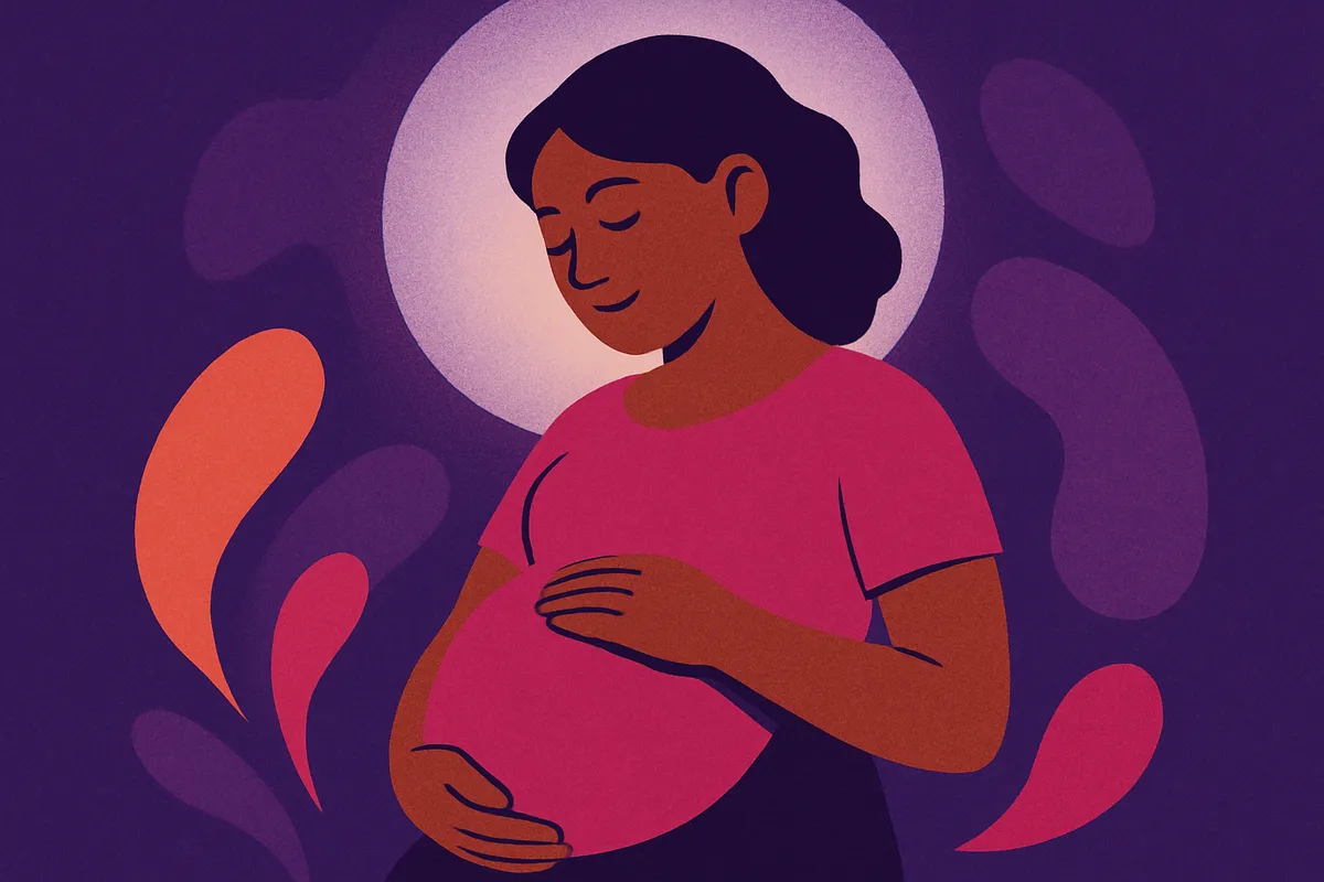 A soft hourglass with gently drifting warm light and a small heart, suggesting pregnancy pauses the timing of bone marrow donation rather than ending it — no people and no words