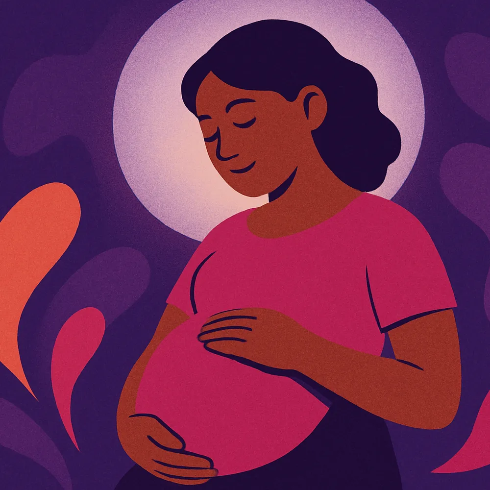 A soft hourglass with gently drifting warm light and a small heart, suggesting pregnancy pauses the timing of bone marrow donation rather than ending it — no people and no words