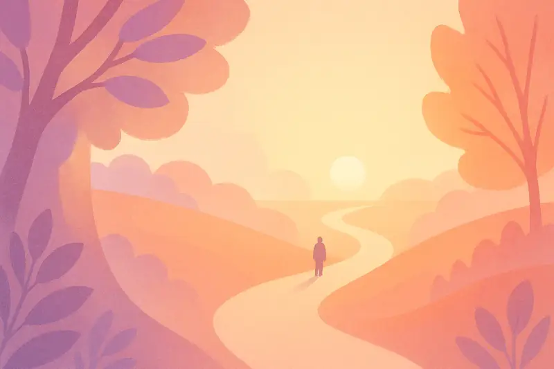 A calm path leading back into warm everyday sunrise light, suggesting a short, gentle recovery