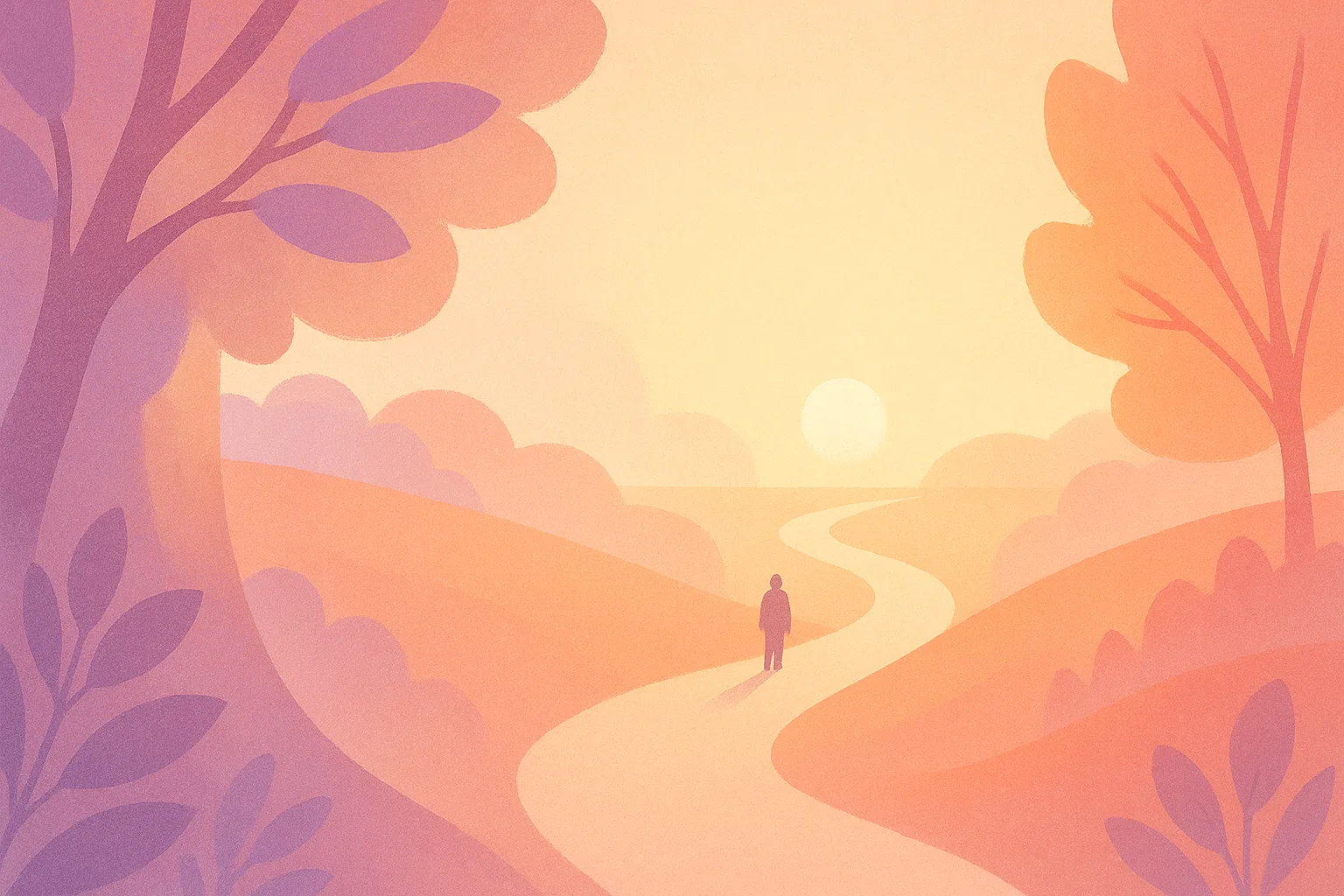 Soft sunrise-after scene of a calm path leading back toward warm everyday light, restful and reassuring, with no people and no words