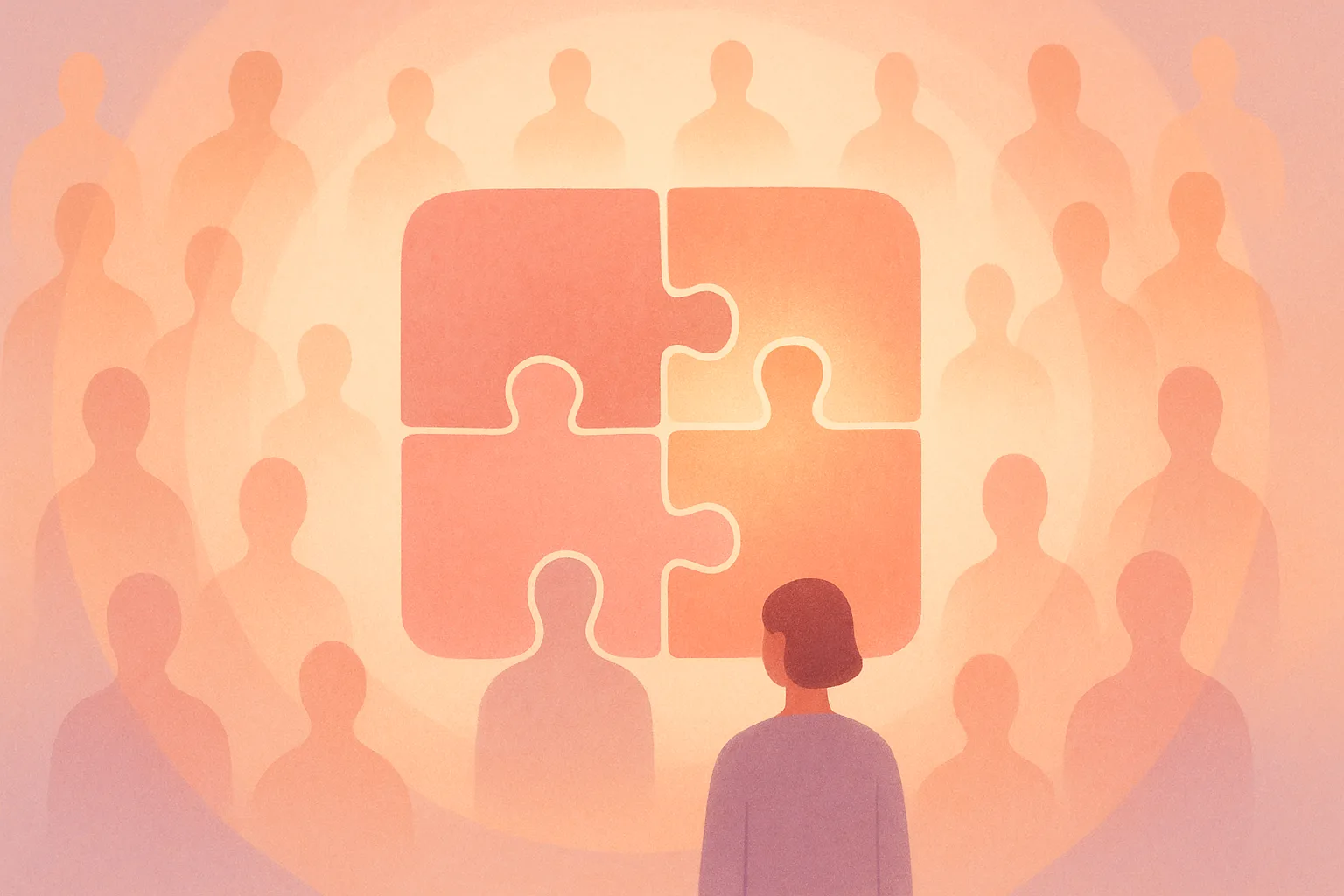 Four puzzle shapes where only one clicks into a perfect fit while the rest reach toward a wider ring of strangers