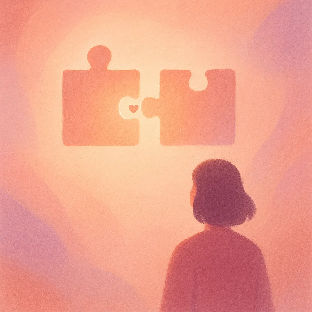 A family of four soft abstract puzzle-shapes where only one clicks into a perfect glowing fit, the others reaching outward to a wider ring of strangers forming the match — warm and hopeful, no people, no words