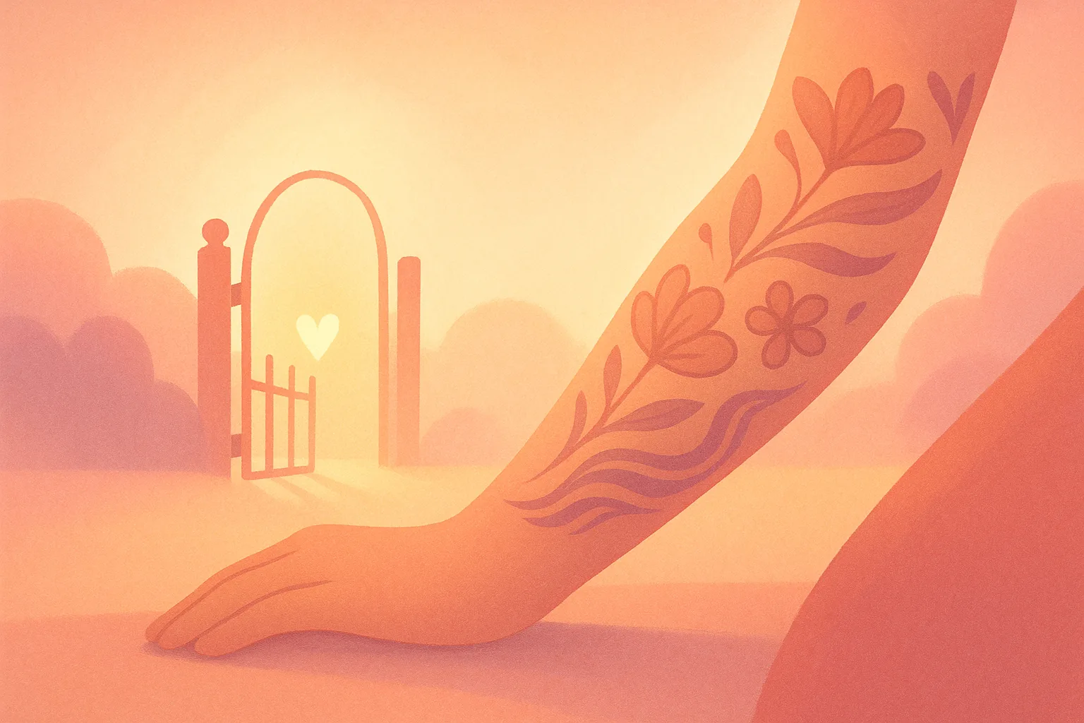 Stylized softly tattooed forearm with flowing patterns, a small glowing heart, and an open gate motif, suggesting tattooed people are welcome to donate — no faces or real people shown