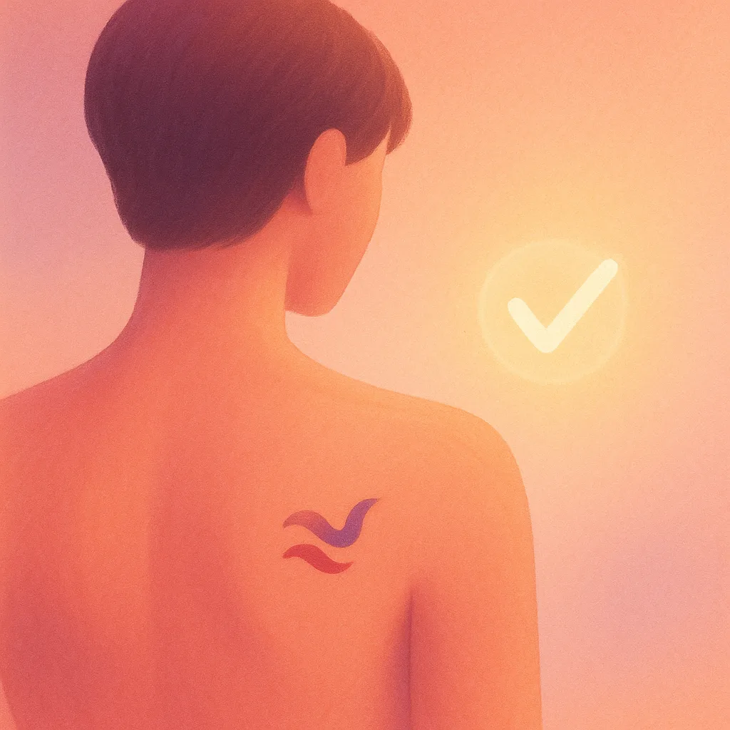 Stylized softly tattooed forearm with flowing patterns, a small glowing heart, and an open gate motif, suggesting tattooed people are welcome to donate — no faces or real people shown