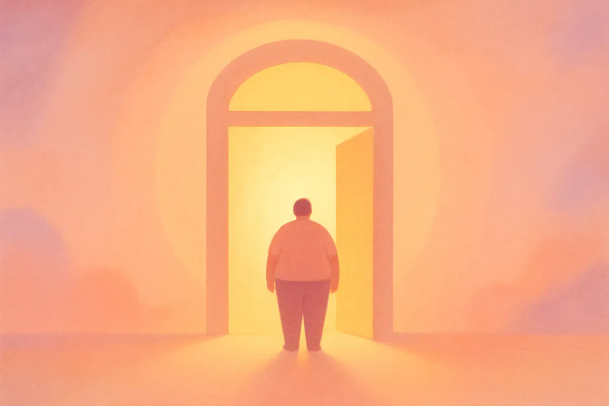 Soft illustration of a warm open door framed in gentle purple tones beside a small heart — no people or words
