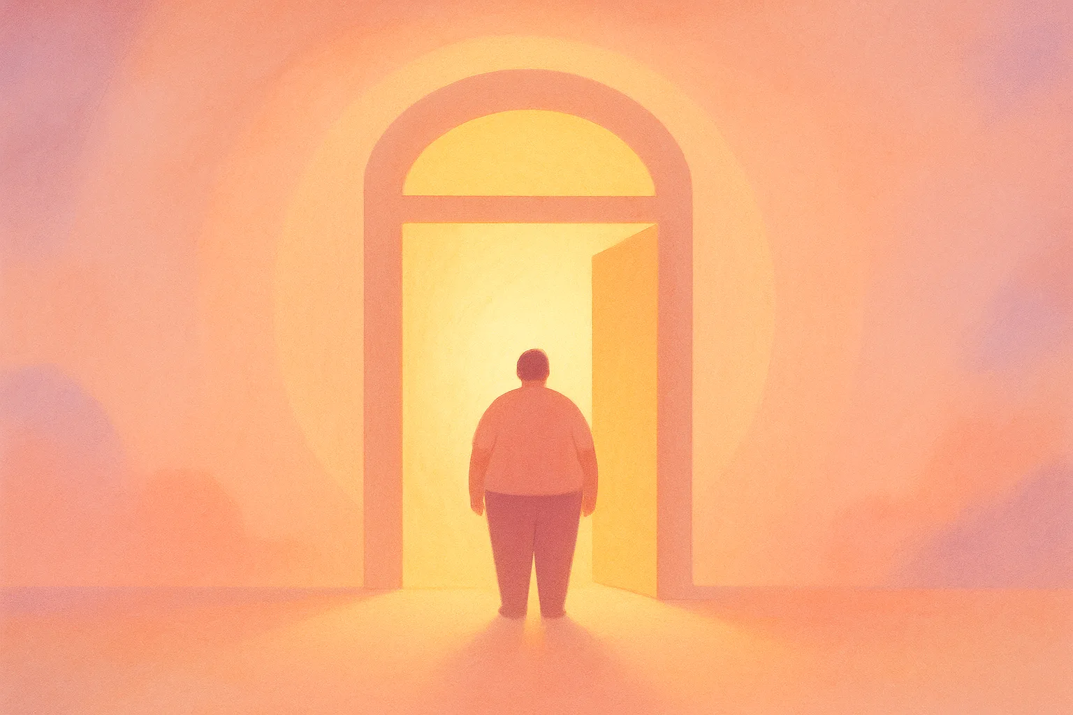 Soft illustration of a warm, welcoming open door framed in gentle purple brand tones, suggesting most people are invited to join the bone marrow registry regardless of body size