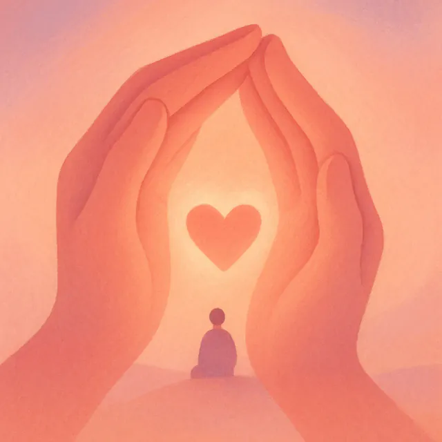 Soft illustration of a warm open door framed in gentle purple tones beside a small heart — no people or words