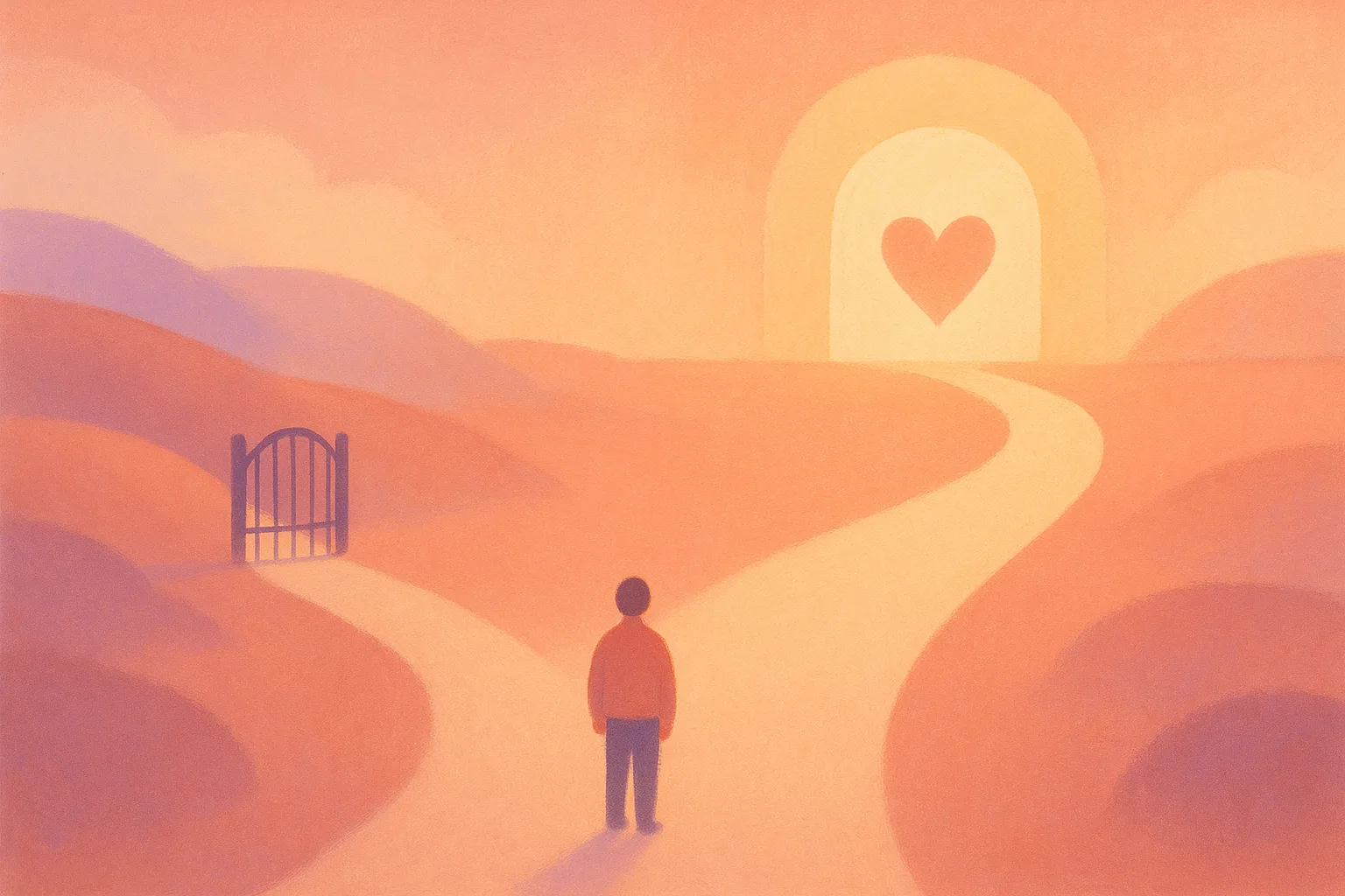 Two warm-toned sorting paths in soft purple light — a small path ending at a closed gate, and a much wider path running through an open gate toward a heart, suggesting most concerns still lead to eligibility. No people, no words.