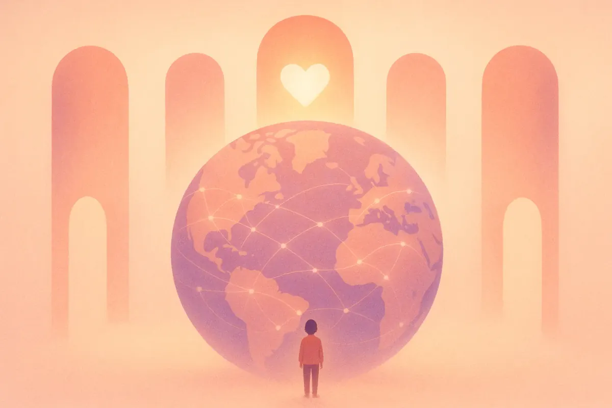 Illustration of a globe linked by glowing threads with archways opening to a shared heart, representing many bone marrow registries sharing one worldwide search