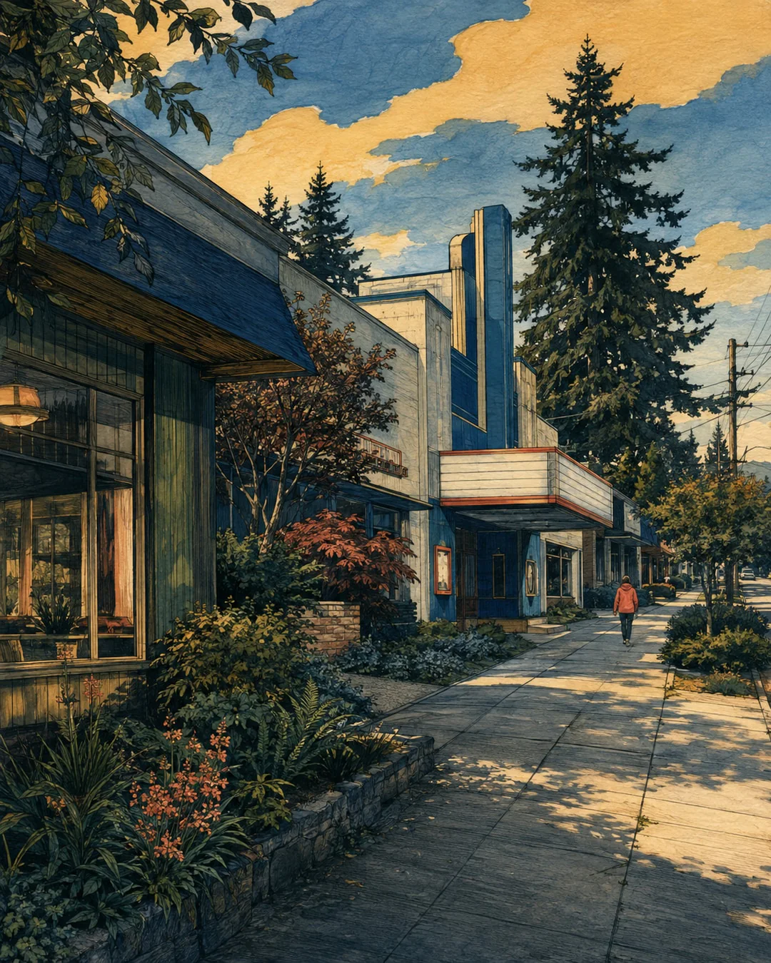 Gouache and ink illustration of a leafy Shoreline sidewalk beside a small theater, with a tall blue facade, blank marquee and a distant walker in coral.