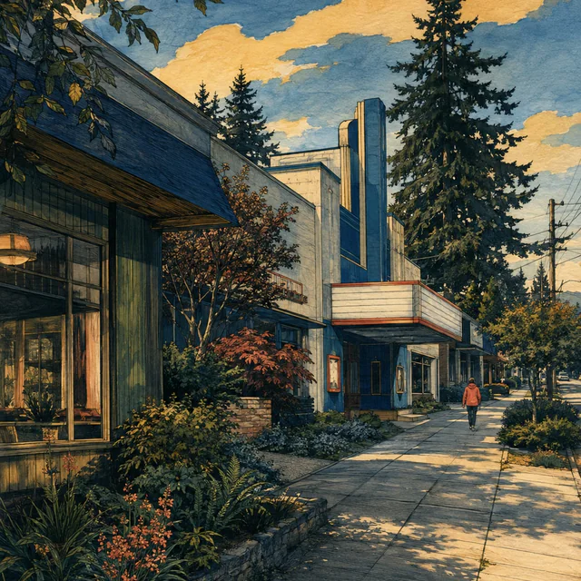Gouache and ink illustration of a leafy Shoreline sidewalk beside a small theater, with a tall blue facade, blank marquee and a distant walker in coral.