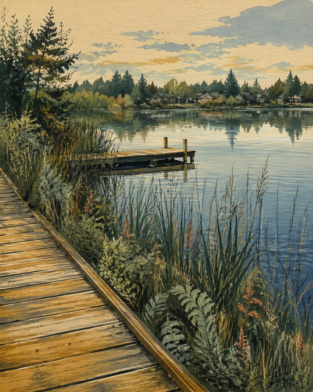 Gouache illustration of a wooden boardwalk and dock beside a calm lake, with reeds in the foreground and houses reflected across the water.