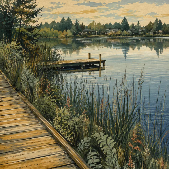 Gouache illustration of a wooden boardwalk and dock beside a calm lake, with reeds in the foreground and houses reflected across the water.