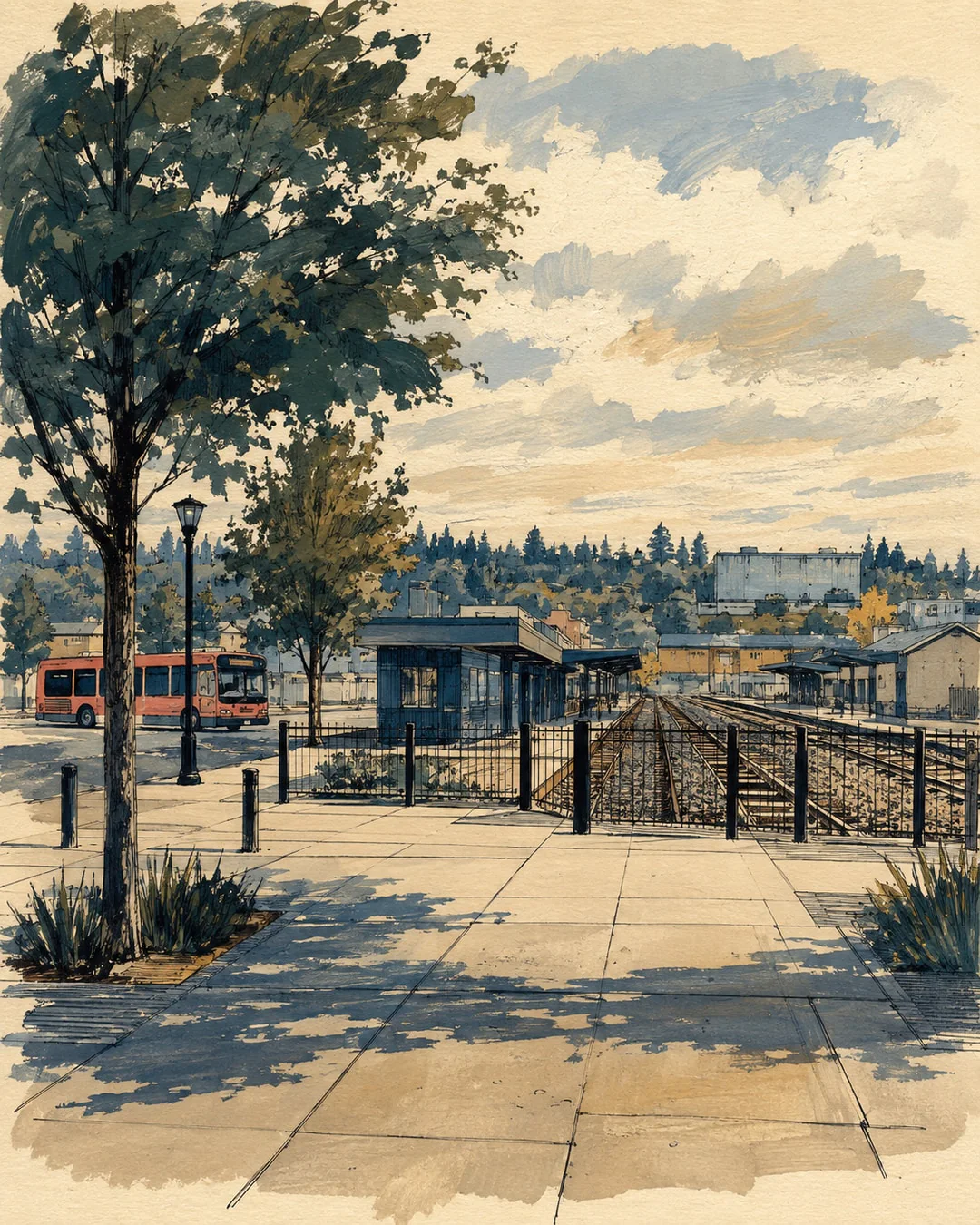 Gouache and ink view of a broad station forecourt, rail tracks behind a black fence and a coral-colored bus beside low station buildings.