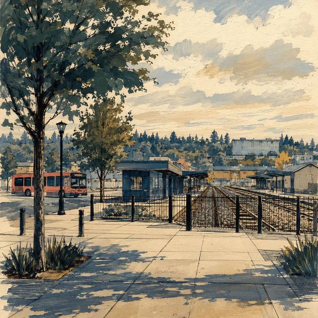 Gouache and ink view of a broad station forecourt, rail tracks behind a black fence and a coral-colored bus beside low station buildings.