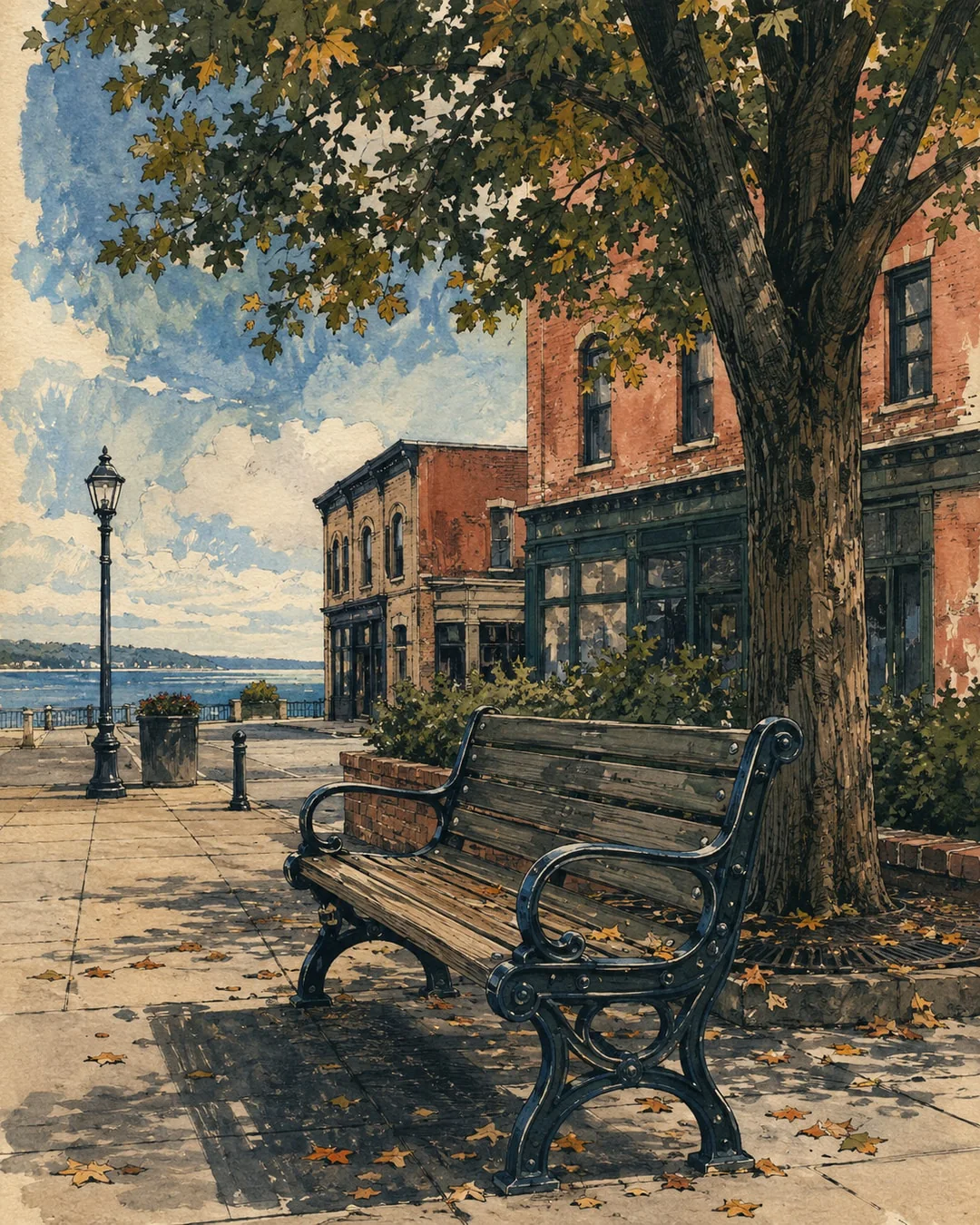 An empty wooden bench under a broad tree beside brick storefronts, with fallen leaves, a streetlamp and blue water beyond, painted in gouache and ink.