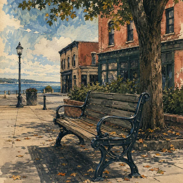 An empty wooden bench under a broad tree beside brick storefronts, with fallen leaves, a streetlamp and blue water beyond, painted in gouache and ink.