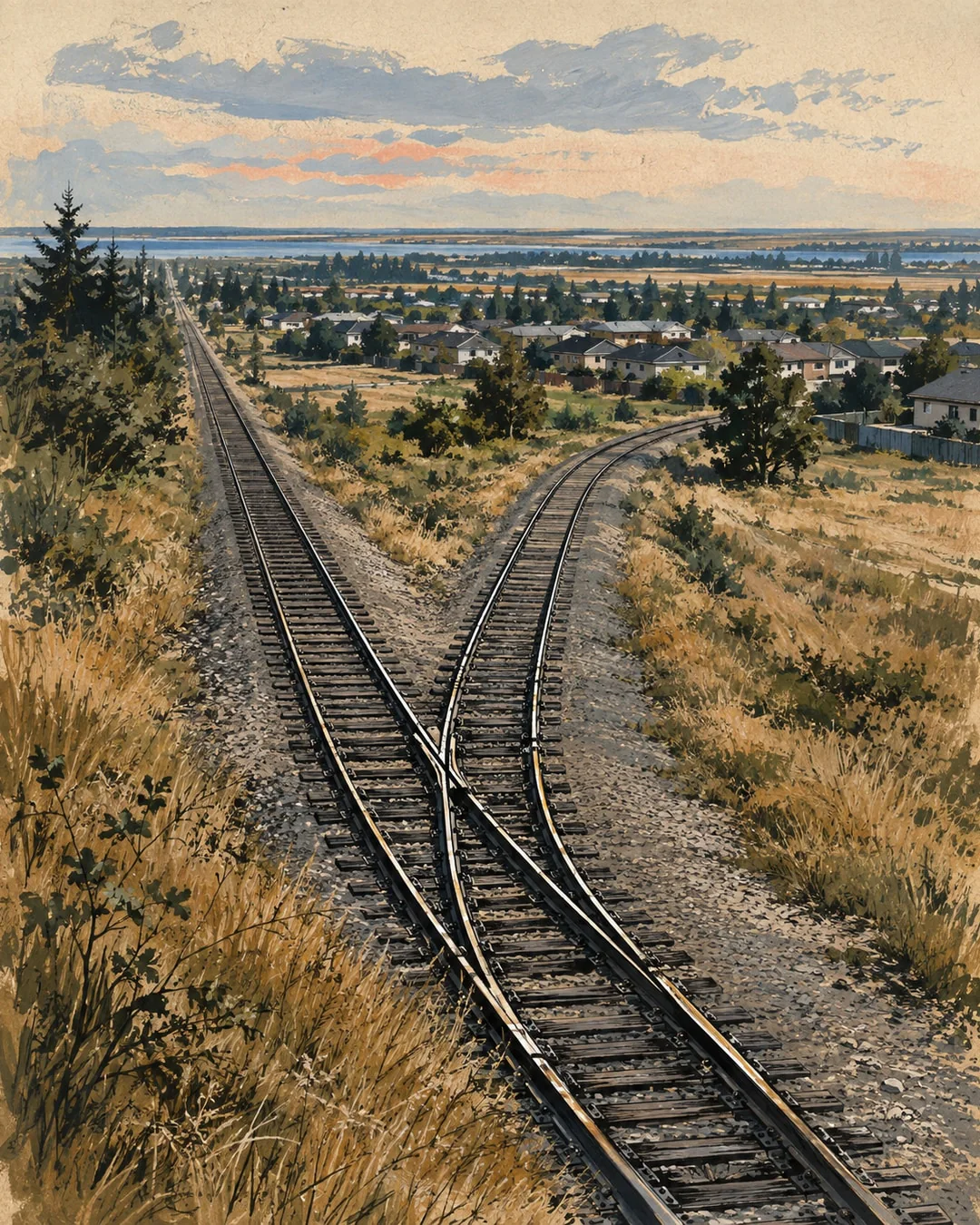 Gouache illustration of railway tracks branching through dry golden grass toward low homes and distant coastal water.