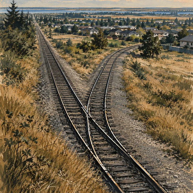 Gouache illustration of railway tracks branching through dry golden grass toward low homes and distant coastal water.