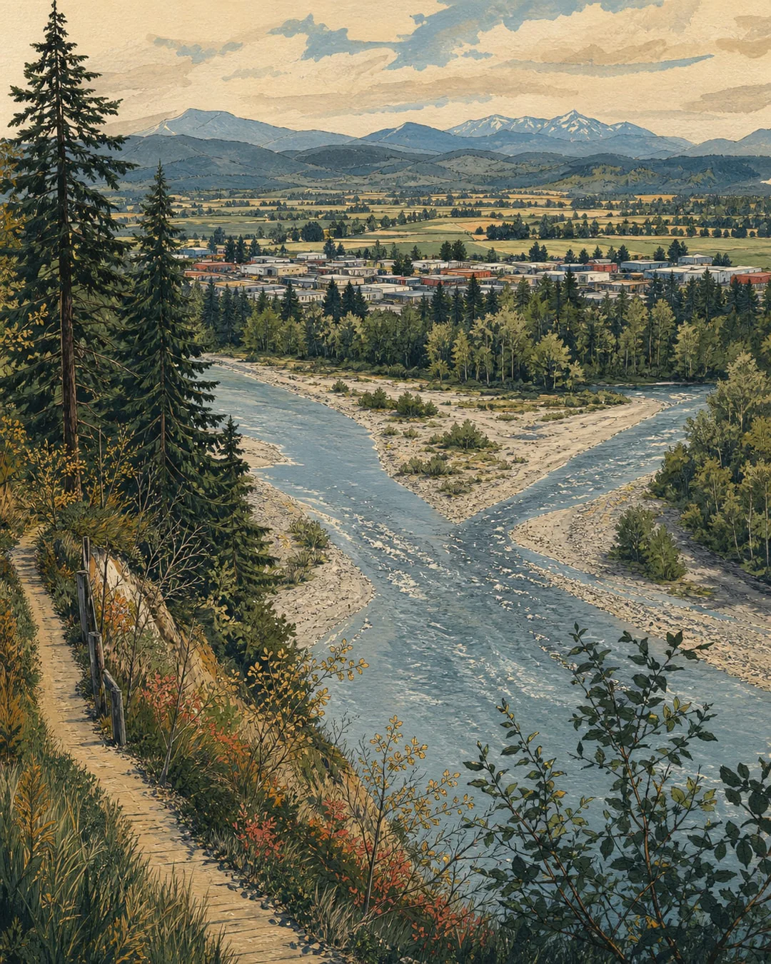 Painted view from a wooded bluff over two river channels meeting around gravel bars, with a town, fields and blue mountains beyond.