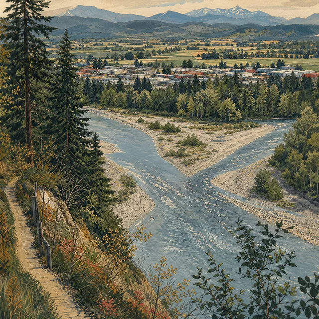 Painted view from a wooded bluff over two river channels meeting around gravel bars, with a town, fields and blue mountains beyond.