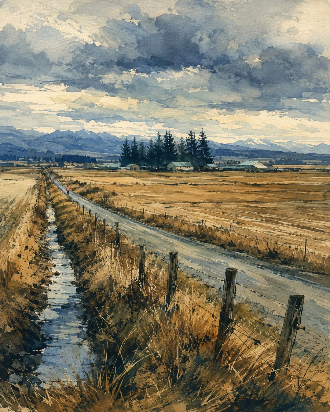 Gouache view of flat golden fields beside a country road and drainage ditch. A tiny walker in coral heads toward farm buildings and distant mountains.