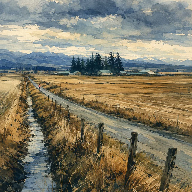 Gouache view of flat golden fields beside a country road and drainage ditch. A tiny walker in coral heads toward farm buildings and distant mountains.