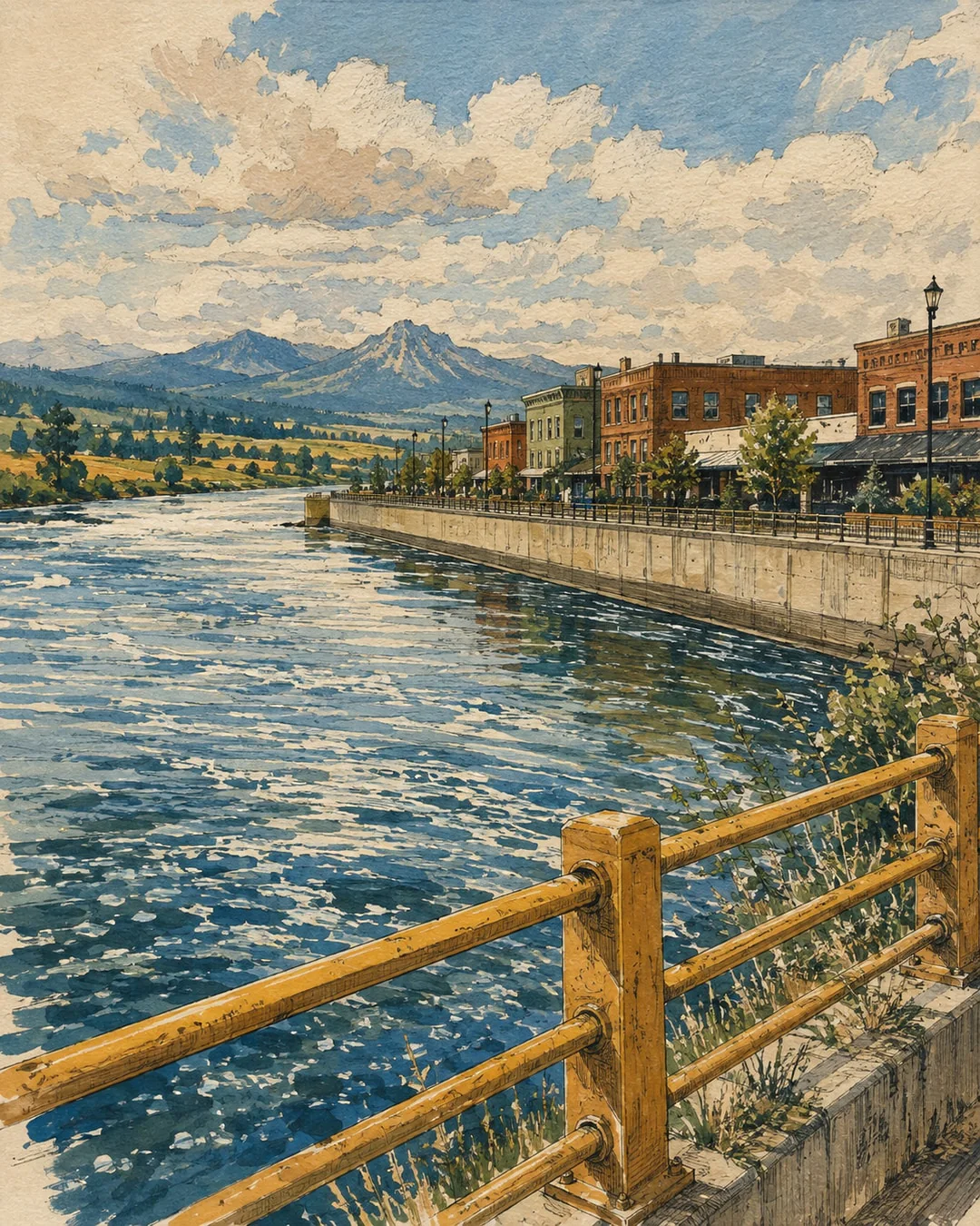 Painted riverfront with brick buildings behind a concrete flood wall, an ochre railing in the foreground and blue mountains beyond the bend.