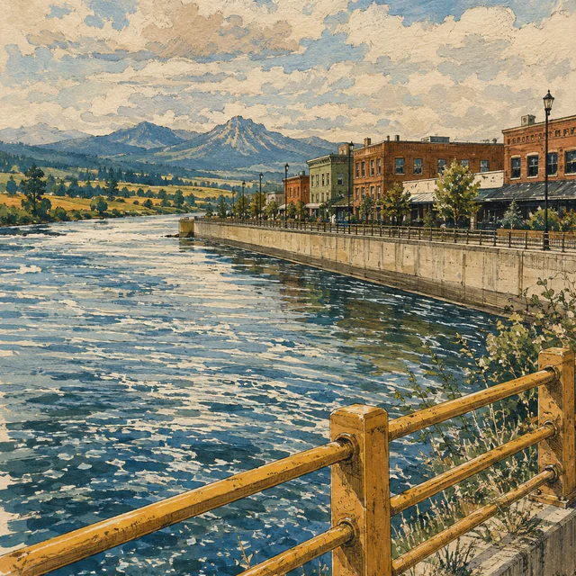 Painted riverfront with brick buildings behind a concrete flood wall, an ochre railing in the foreground and blue mountains beyond the bend.