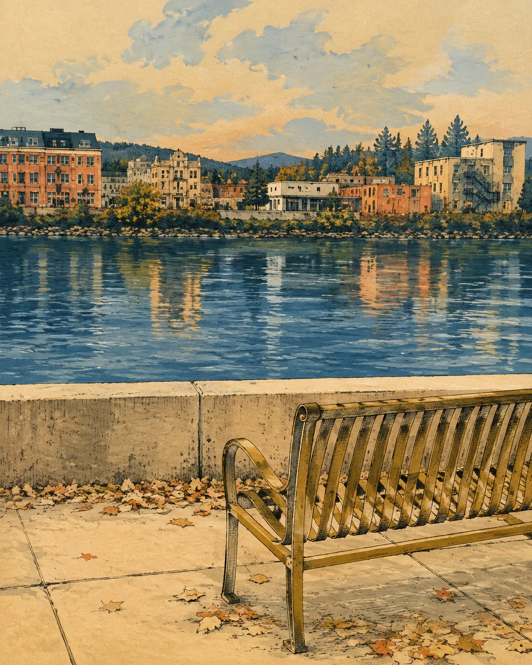 Gouache illustration of an empty bench beside a low river wall. Buildings and trees on the opposite bank cast warm reflections across blue water.