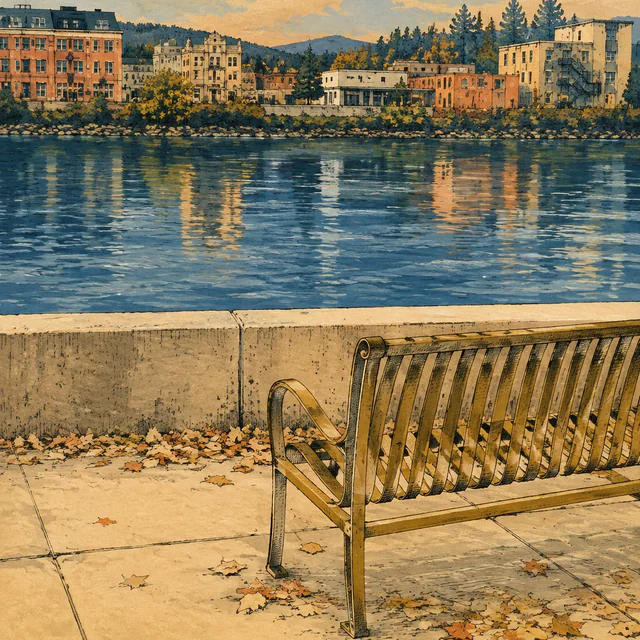 Gouache illustration of an empty bench beside a low river wall. Buildings and trees on the opposite bank cast warm reflections across blue water.
