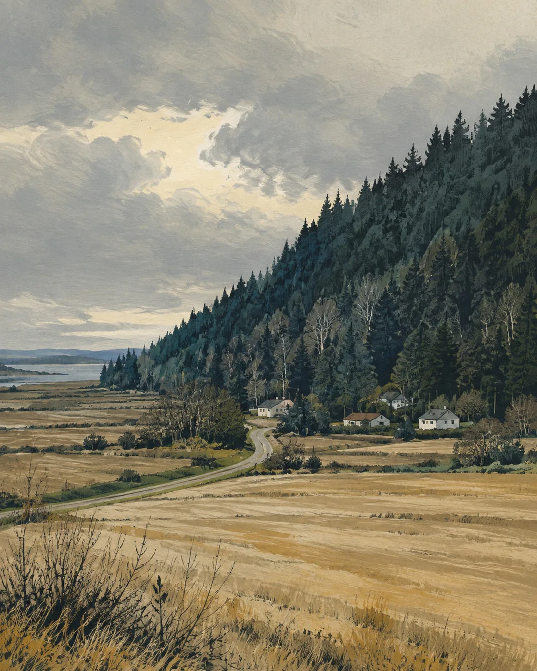 A winding country road crosses golden fields toward small houses beneath a densely forested slope, with a strip of bay at left, painted in gouache.