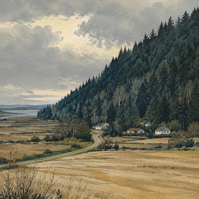 A winding country road crosses golden fields toward small houses beneath a densely forested slope, with a strip of bay at left, painted in gouache.