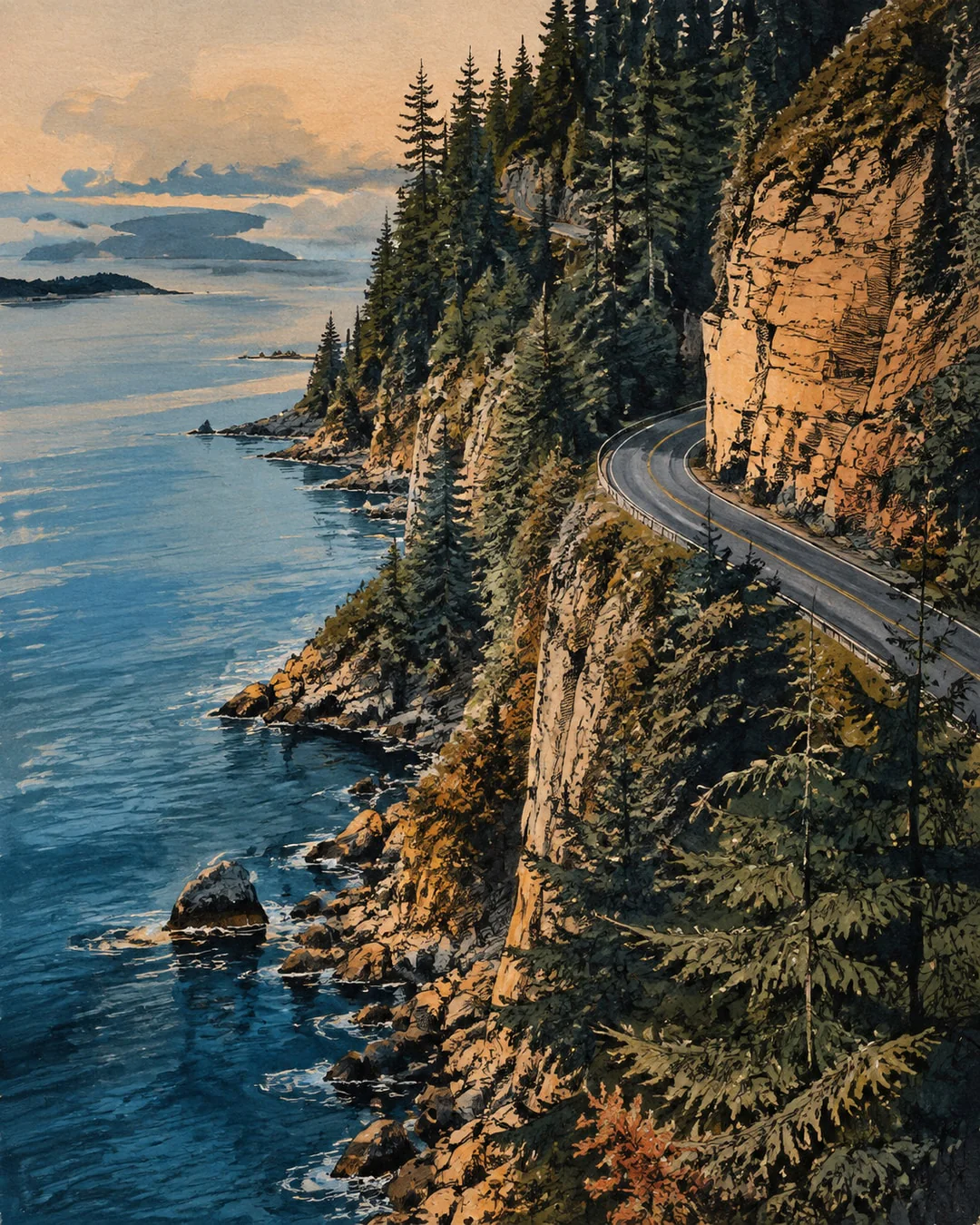 Gouache and ink illustration of a narrow road curving around sandstone cliffs above blue coastal water, with fir trees and low islands beyond.