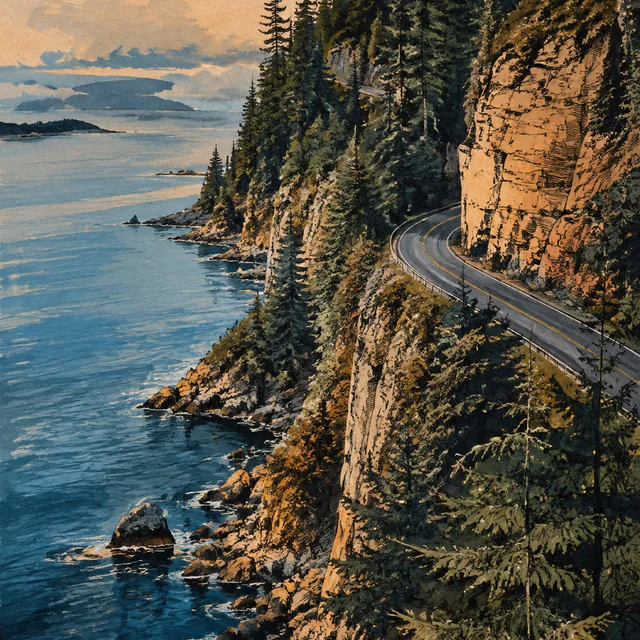 Gouache and ink illustration of a narrow road curving around sandstone cliffs above blue coastal water, with fir trees and low islands beyond.