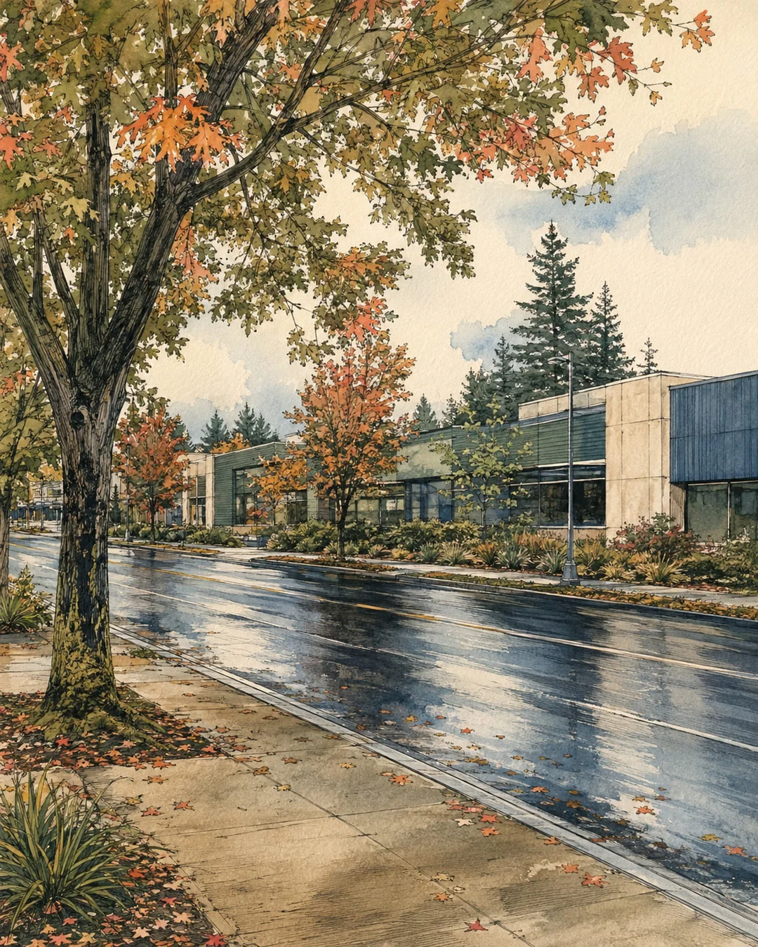 Gouache street scene with autumn trees, a wet reflective road and low modern buildings across from a leaf-strewn sidewalk.