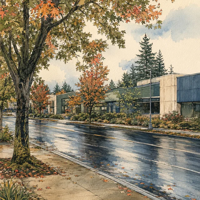 Gouache street scene with autumn trees, a wet reflective road and low modern buildings across from a leaf-strewn sidewalk.