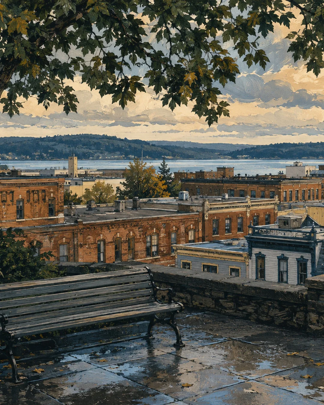 Gouache view of an empty bench on wet stone paving beneath leafy branches, overlooking brick rooftops, a broad bay and wooded hills.