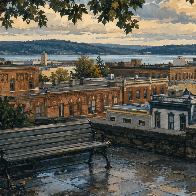 Gouache view of an empty bench on wet stone paving beneath leafy branches, overlooking brick rooftops, a broad bay and wooded hills.
