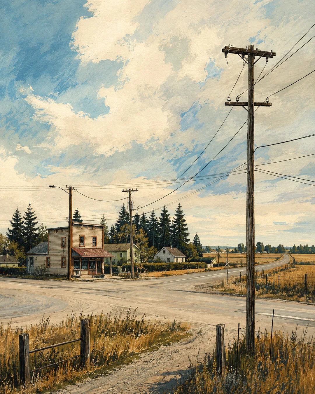 A weathered storefront stands at a quiet rural crossroads among golden fields, evergreens and utility poles beneath a broad painted sky.