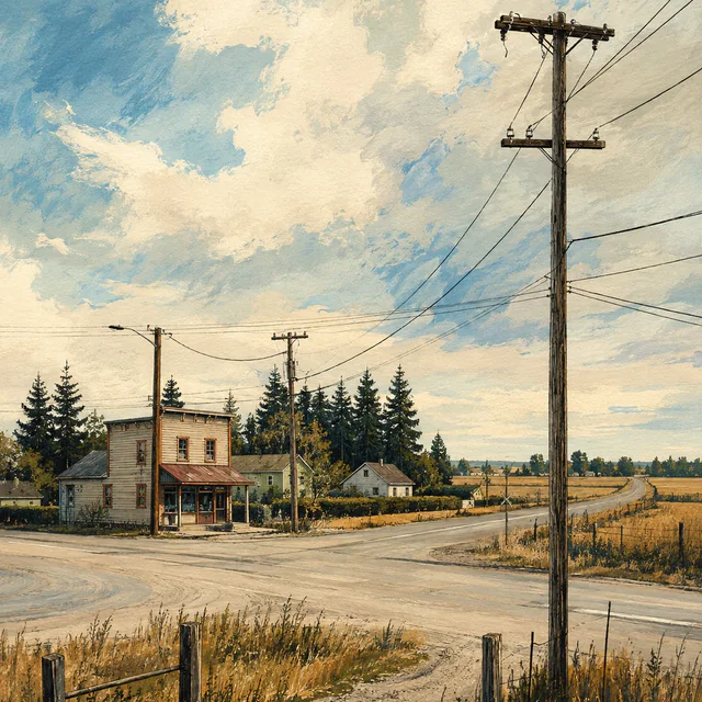 A weathered storefront stands at a quiet rural crossroads among golden fields, evergreens and utility poles beneath a broad painted sky.
