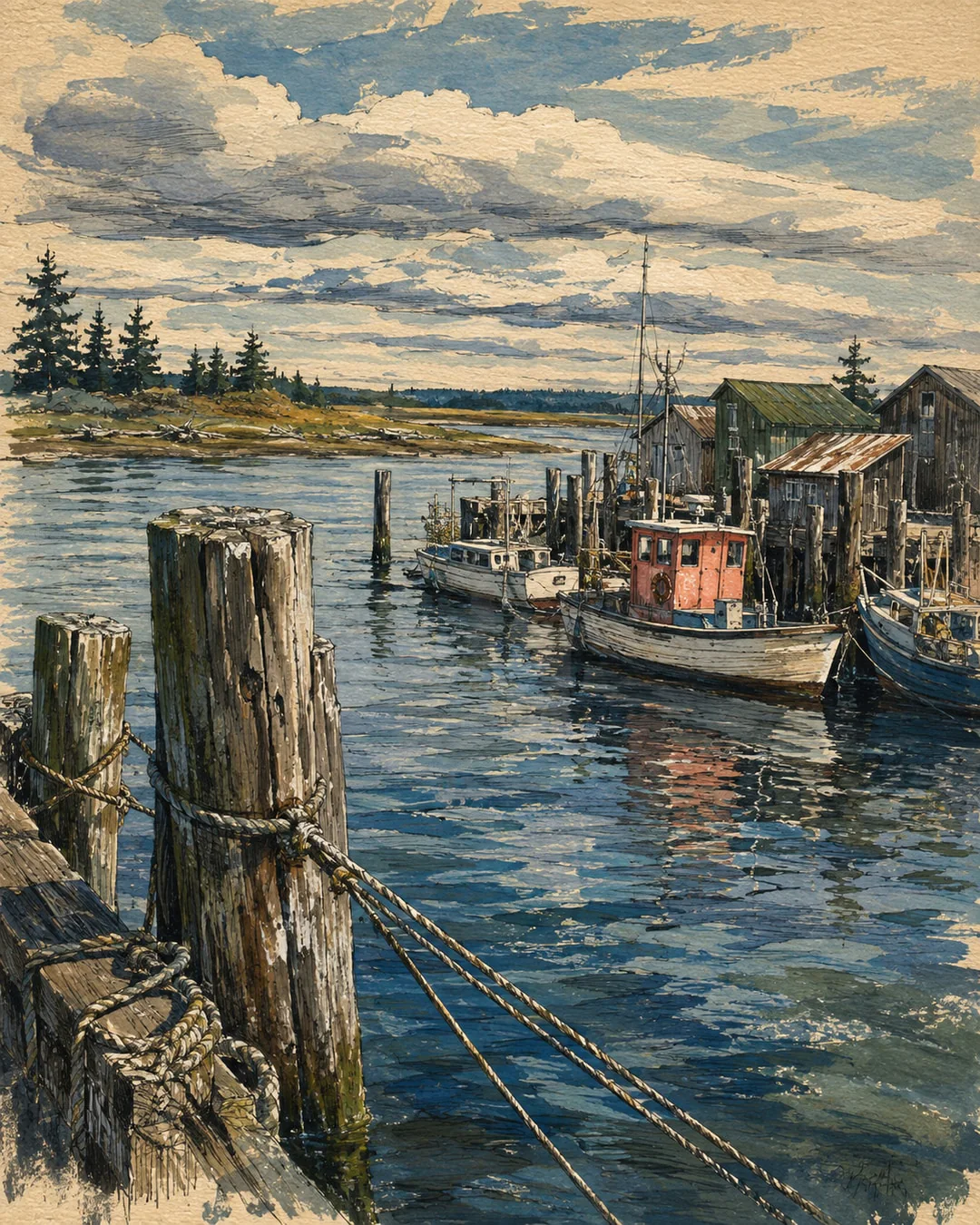 Gouache harbor scene with weathered mooring posts and ropes in the foreground, small fishing boats beside wooden sheds, and low wooded shores beneath a cloudy sky.