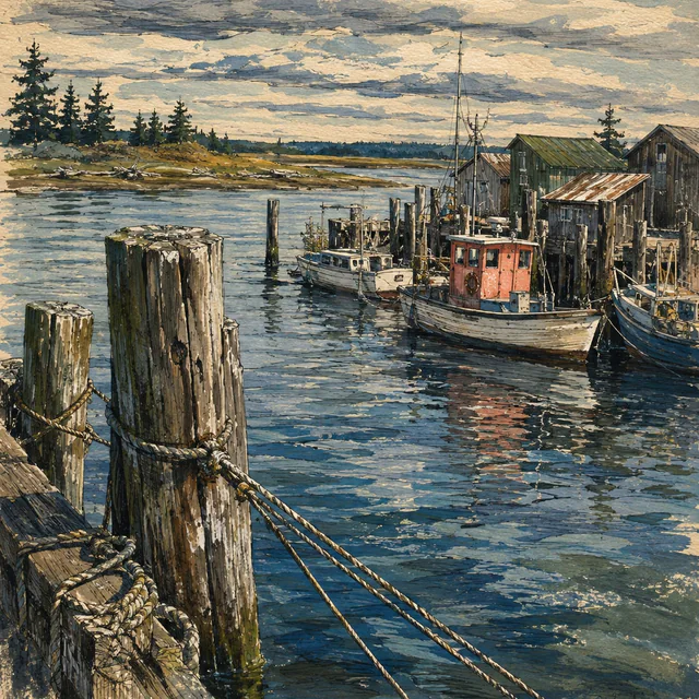 Gouache harbor scene with weathered mooring posts and ropes in the foreground, small fishing boats beside wooden sheds, and low wooded shores beneath a cloudy sky.